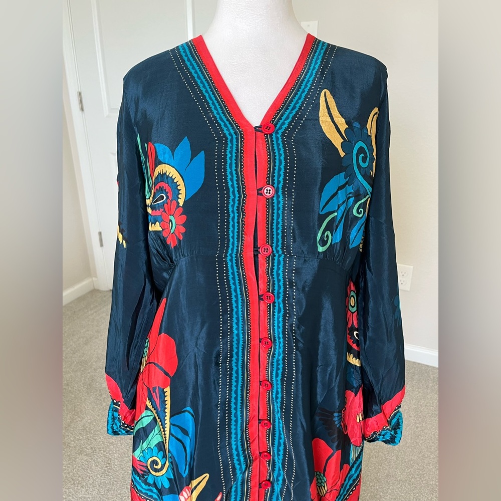 Farm Rio Vibrant Floral Button-Front Maxi Dress in Navy and Red - Picture 6 of 12